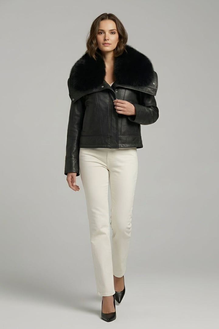 WAVERLY - Sheepskin Leather Jacket, Black Fur Collar, Full Shot