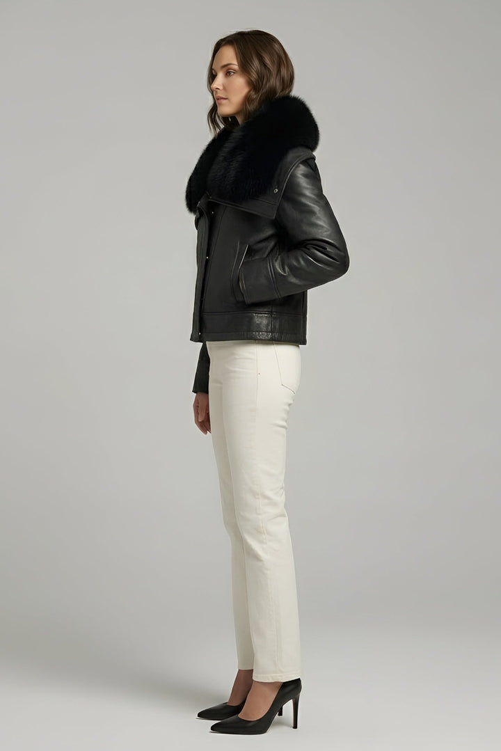 WAVERLY - Sheepskin Leather Jacket, Black Fur Collar, Side View