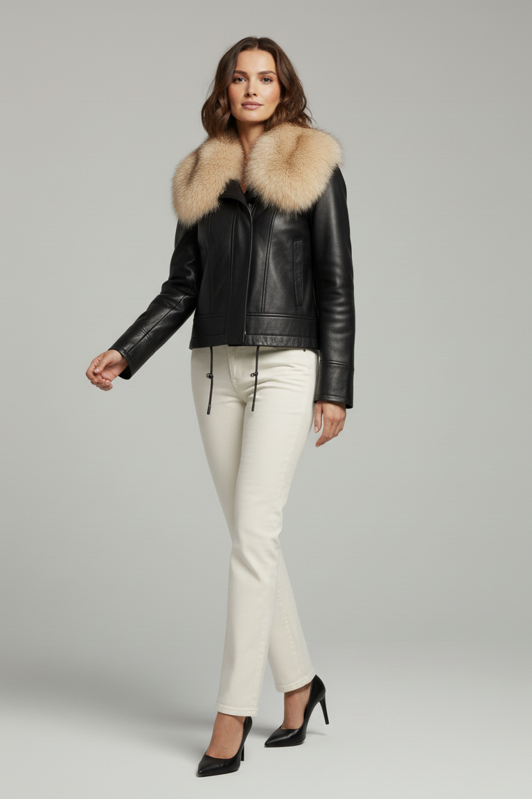 WAVERLY - Woman in black sheepskin leather jacket with fur collar, walking pose