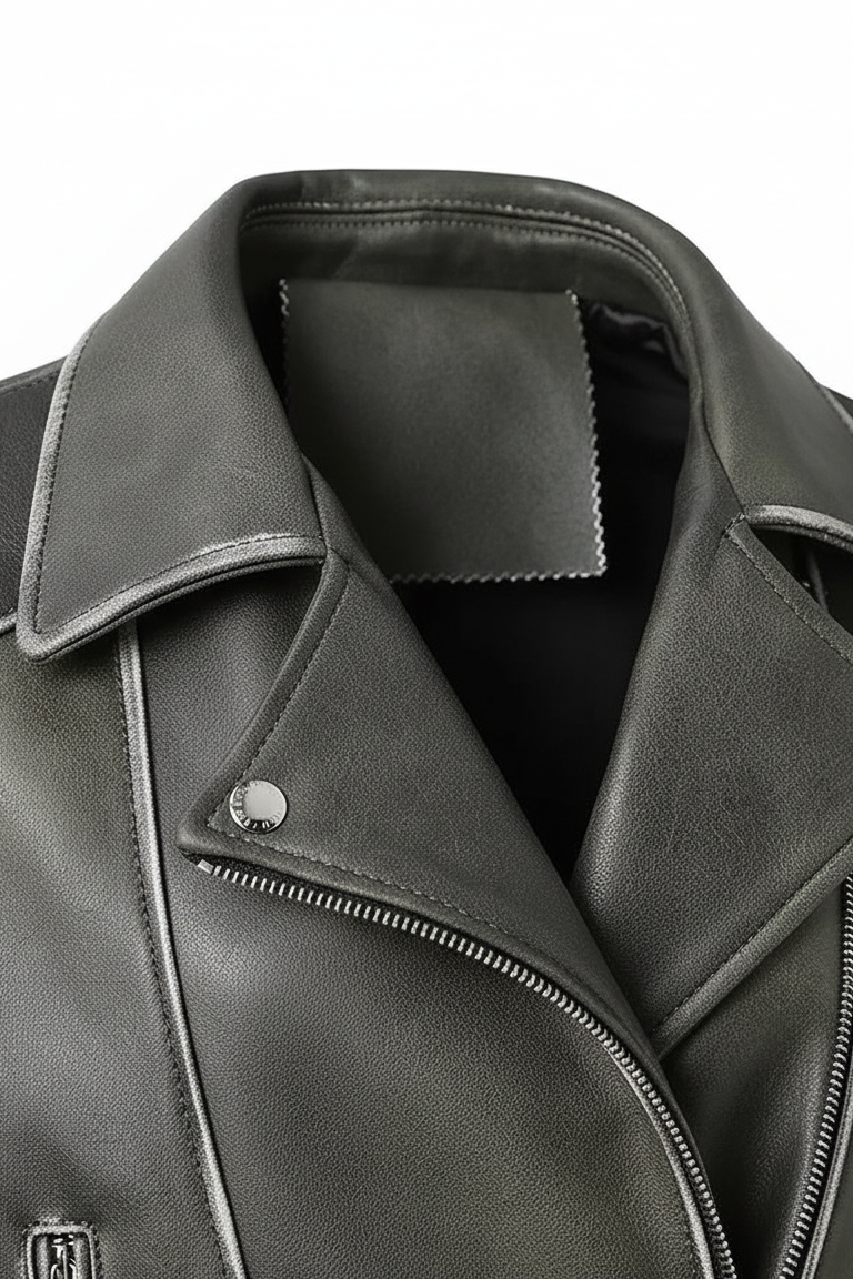 WHITNEY - Close-up of collar and zipper detail, leather texture