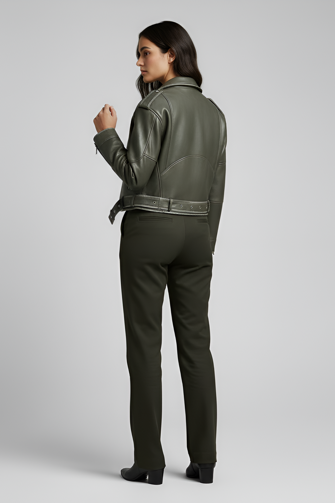 WHITNEY - Model wearing jacket and pants, back view, studio shot