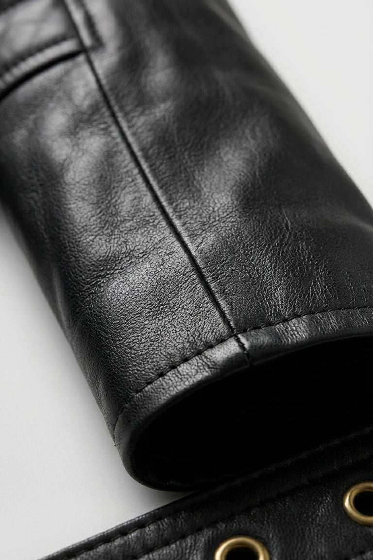 WILLOW - Detail of black leather jacket sleeve and cuff
