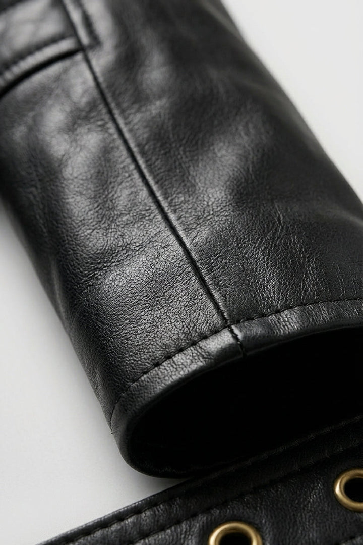 WILLOW - Detail of black leather jacket sleeve and cuff