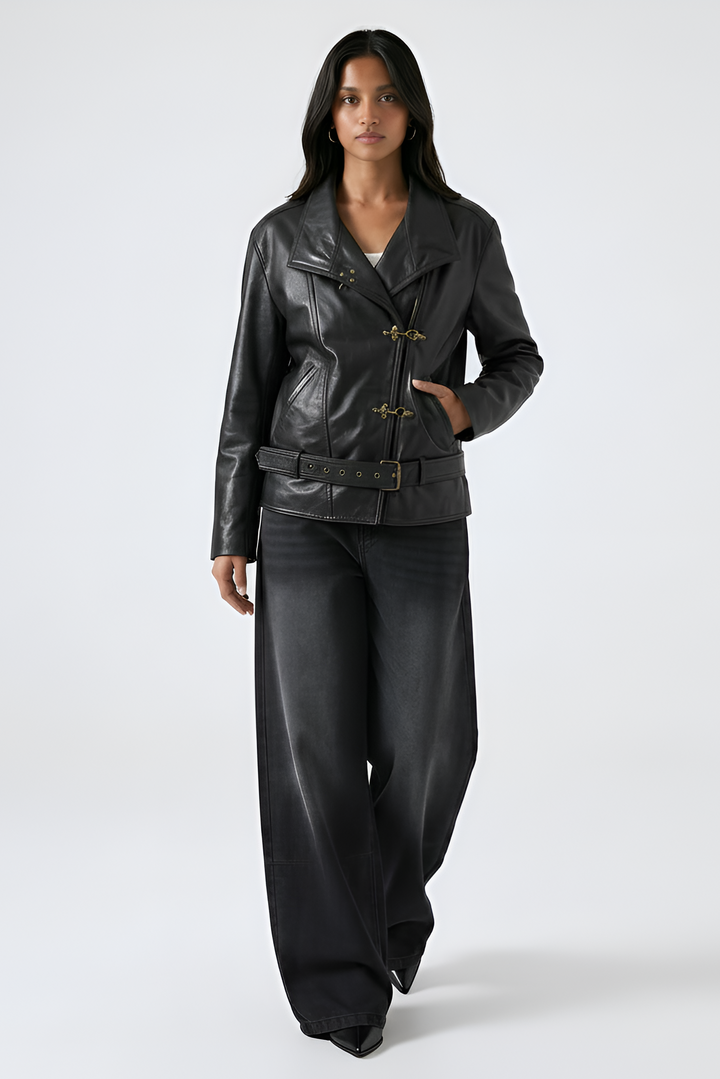 WILLOW - Full-body walking shot of black leather jacket and wide-leg jeans