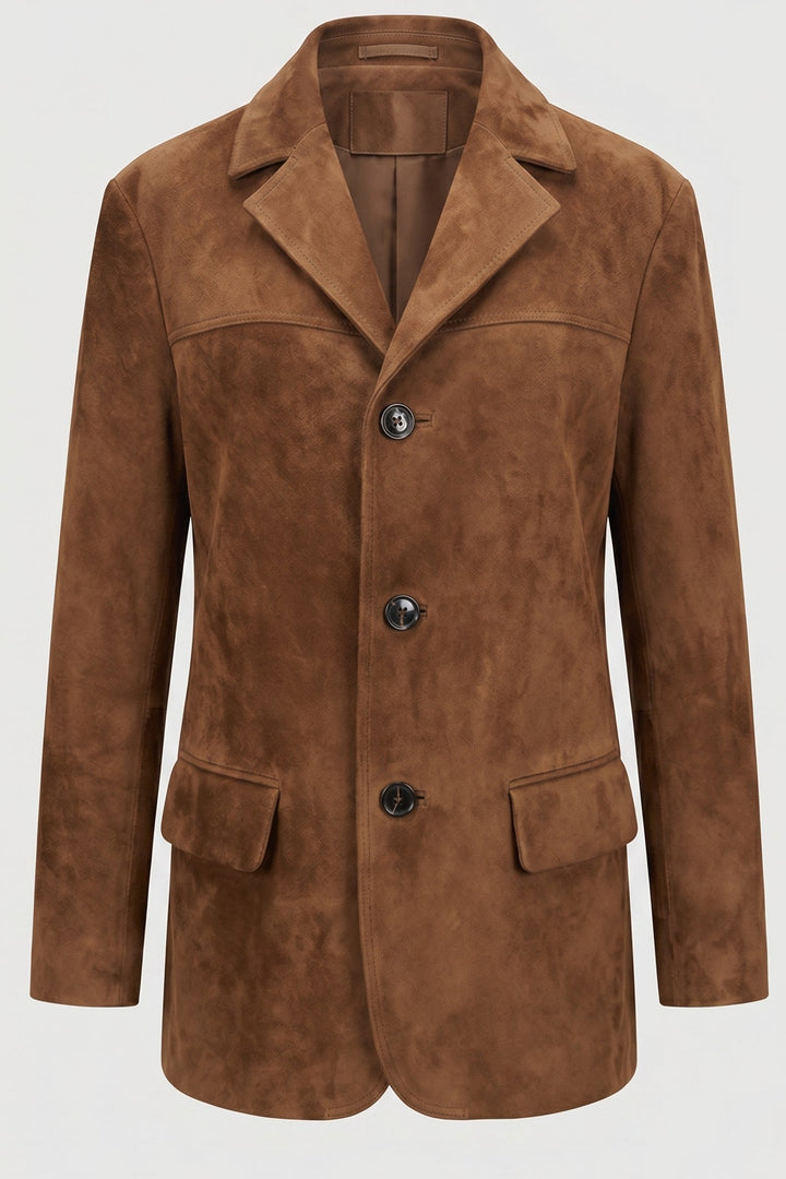 WINSLOW - Brown Oversized Suede blazer, detail of buttons and pockets