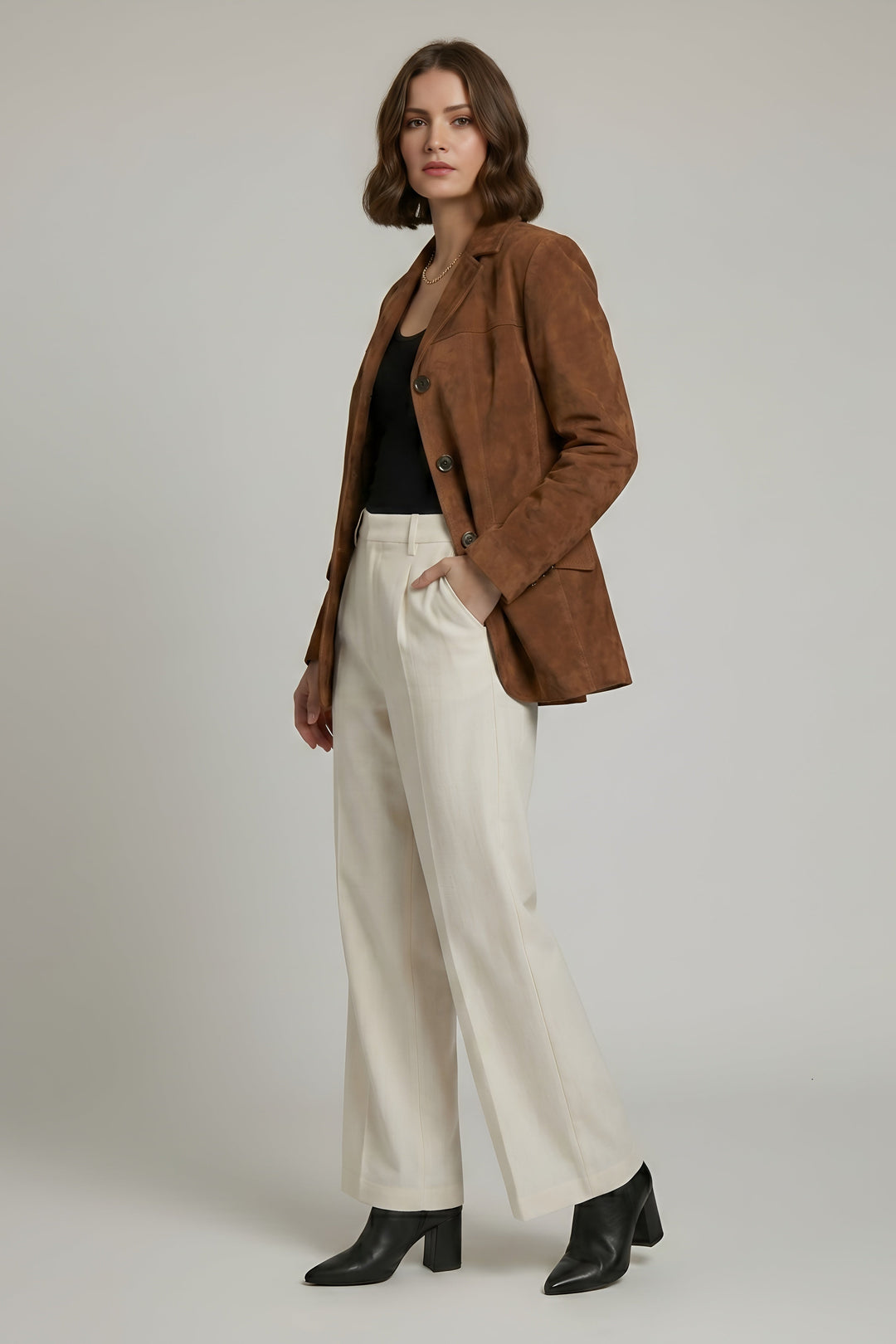 WINSLOW - Oversized Suede jacket, front view, Brown, full body shot, side profile view