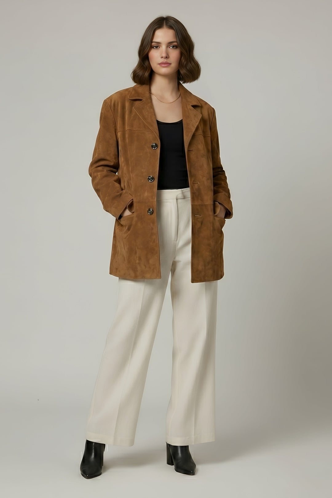 WINSLOW - Oversized Suede jacket, front view, Camel, full body shot with hands in pockets