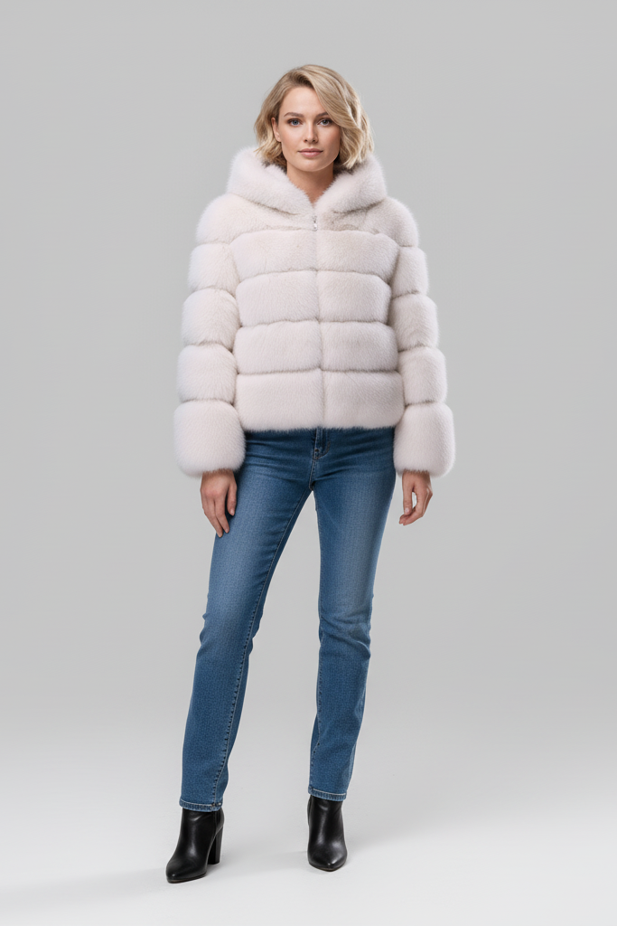 Warm hooded LIREN faux fur jacket styled with jeans in a lifestyle scene.