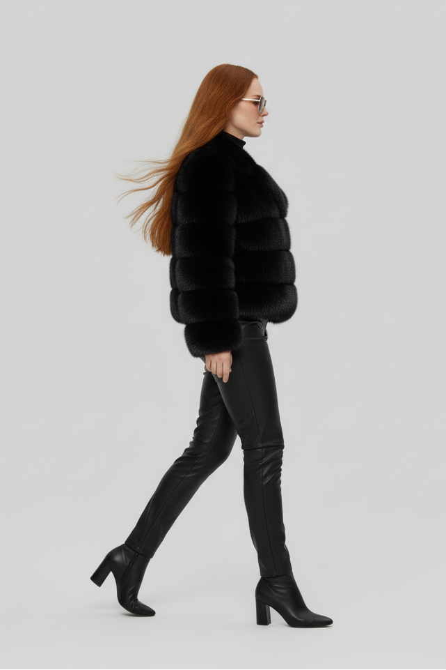 Warm winter look featuring the VELARIE faux fur coat in an outdoor scene.