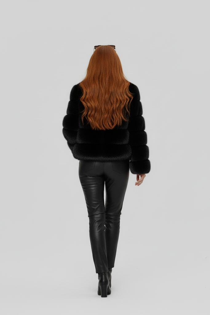 Warm winter look featuring the VELARIE faux fur coat in an outdoor scene.