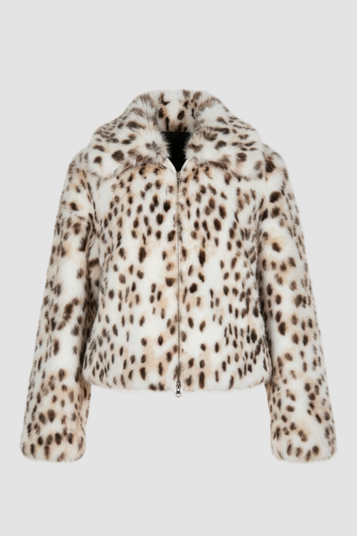 Warm winter outfit featuring the LEOVARA leopard faux coat outdoors.