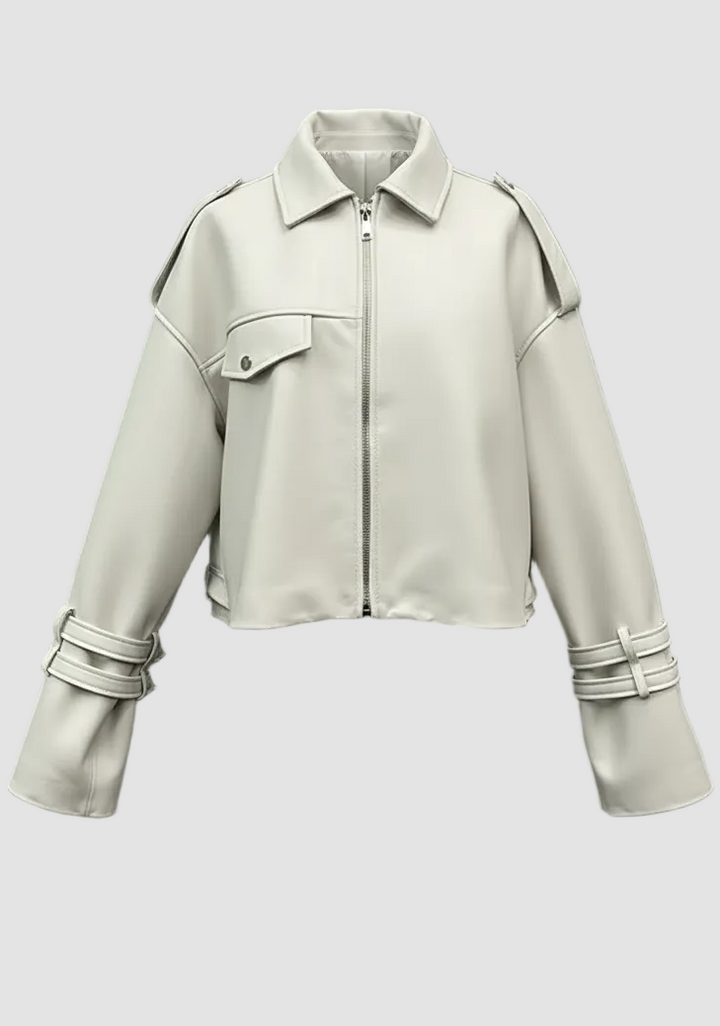 HOLLIS - Cream faux leather jacket full shot