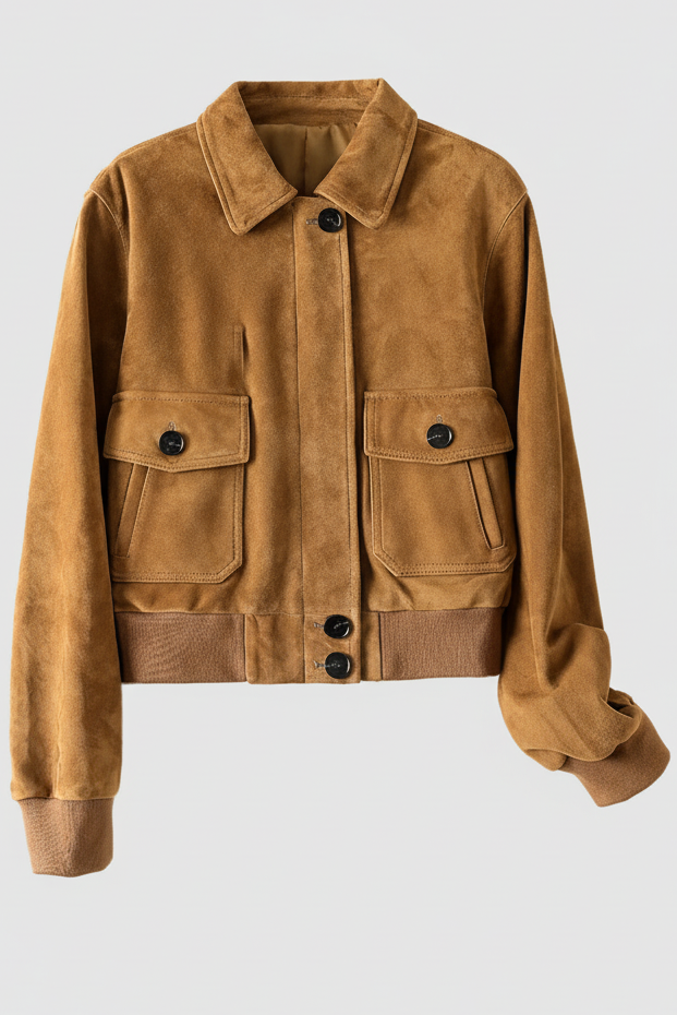 LILLY - Suede bomber jacket, tan, studio shot