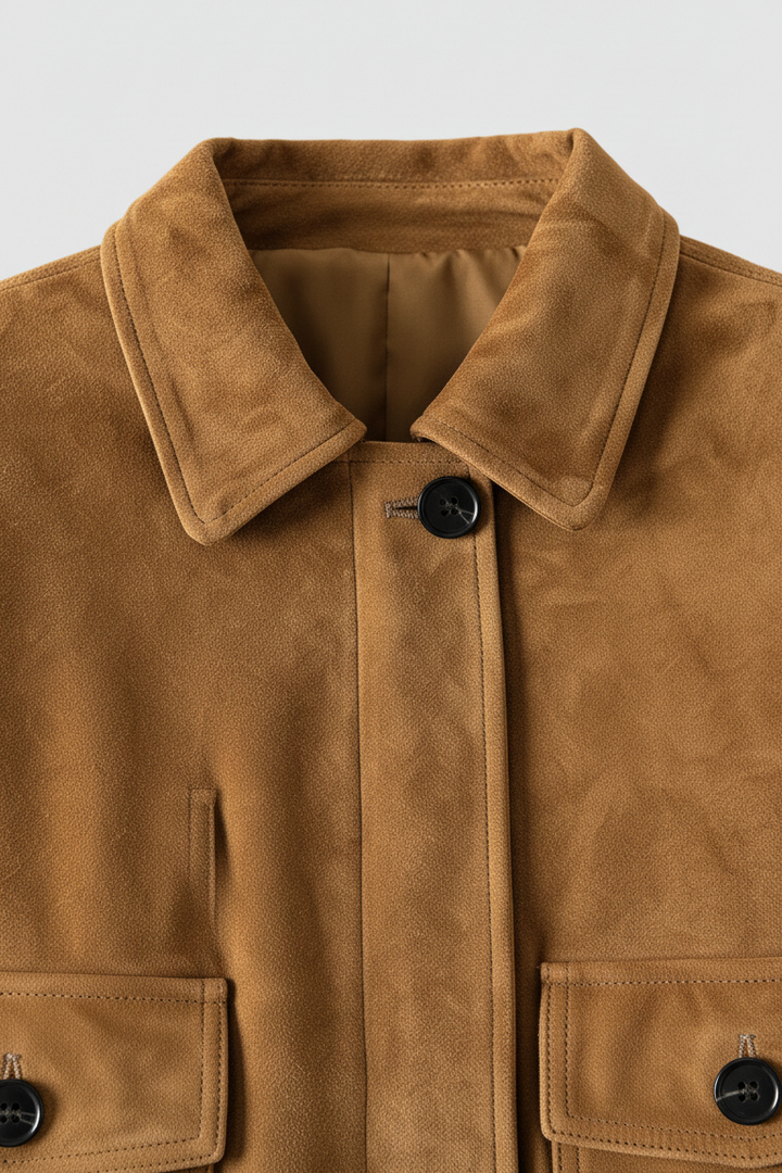 LILLY - Suede bomber jacket collar detail, black button