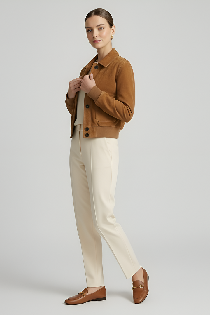 LILLY - Suede bomber jacket, tan, side profile