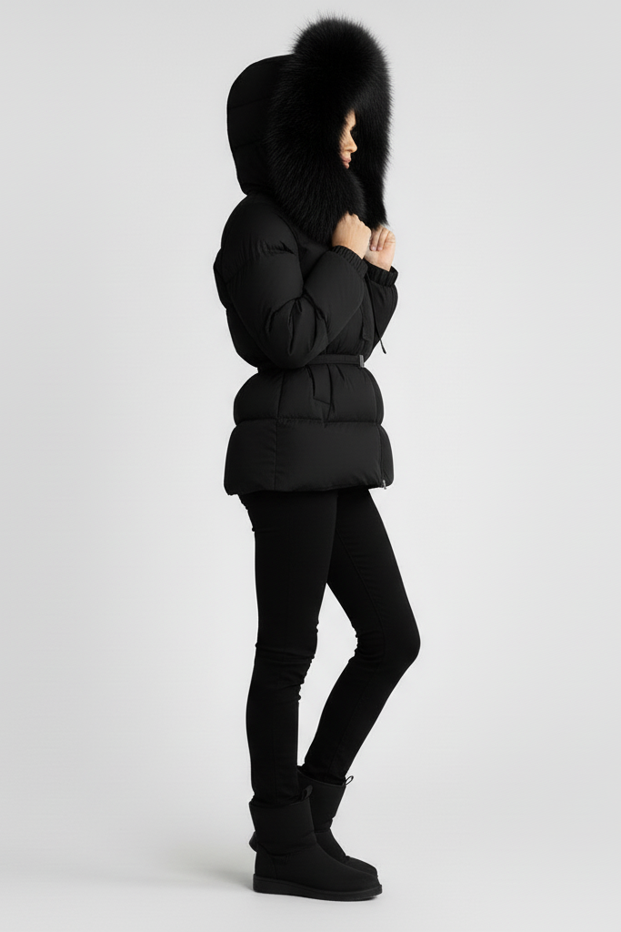 Woman wearing a black puffer jacket with fur hood on a light gray background