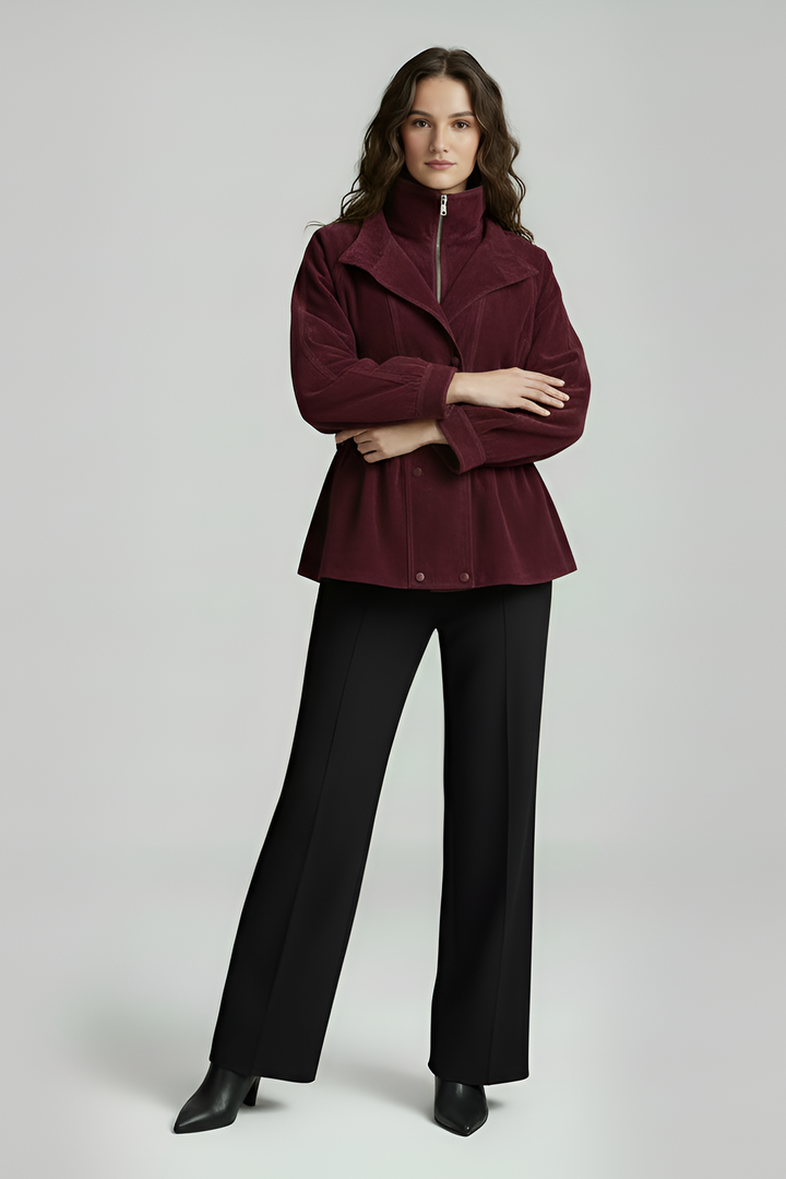 TESSA - Burgundy leather bomber jacket, arms crossed