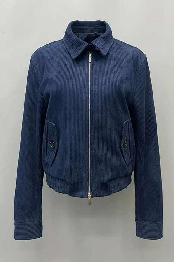 PIPER - Cropped Bomber Jacket, navy corduroy jacket detail shot, zipper closure