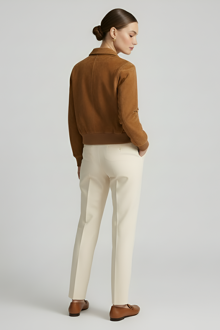 LILLY - Suede bomber jacket, tan color, back view