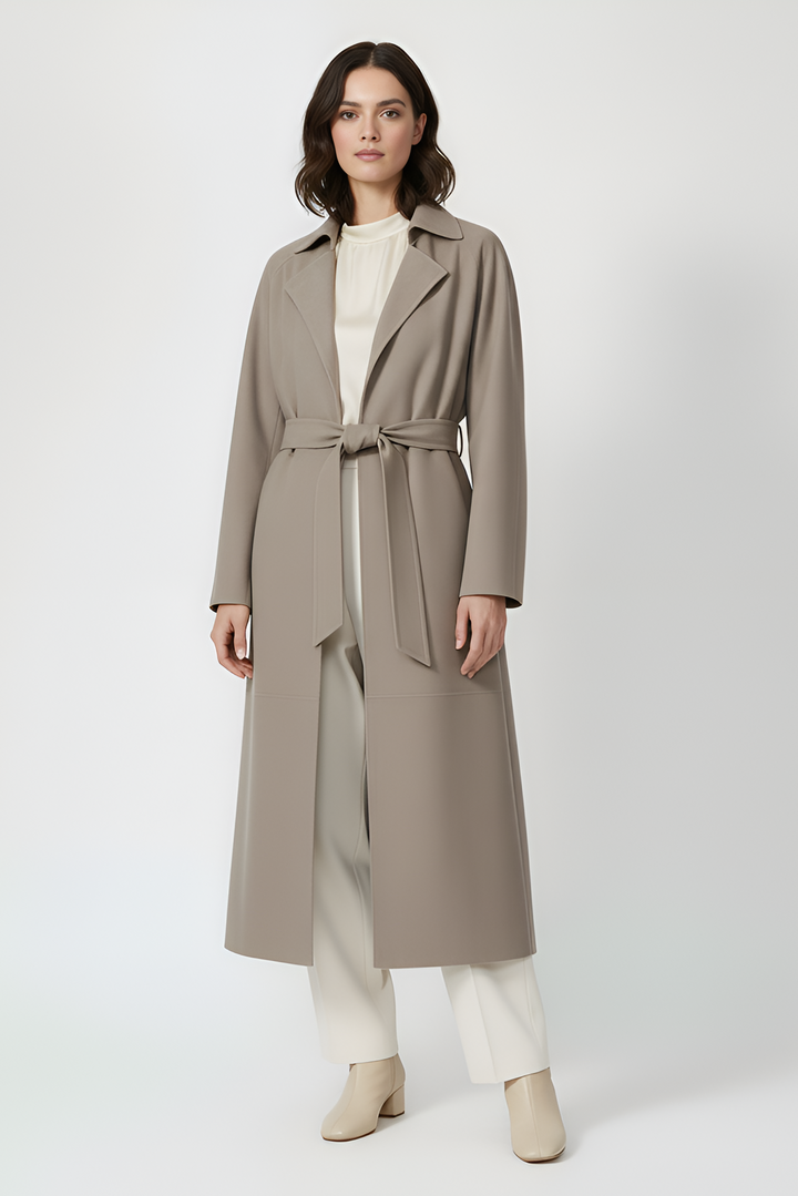 AURORA - Taupe suede trench coat on model, full body front view