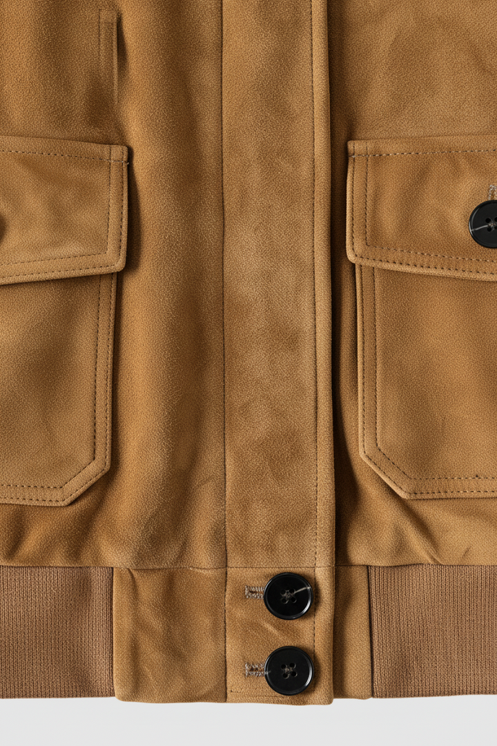 LILLY - Suede bomber jacket pocket detail, black buttons