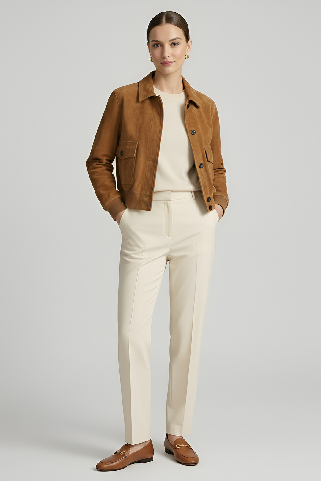 LILLY - Suede bomber jacket, tan, full body shot