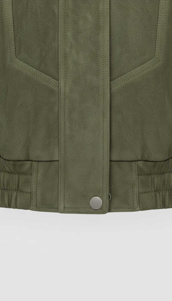 Close-up of a green jacket with a button on a white background