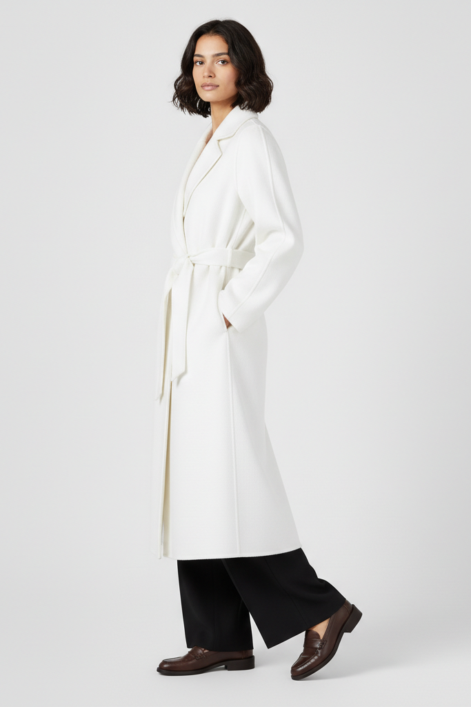 Woman wearing a long white coat on a plain background