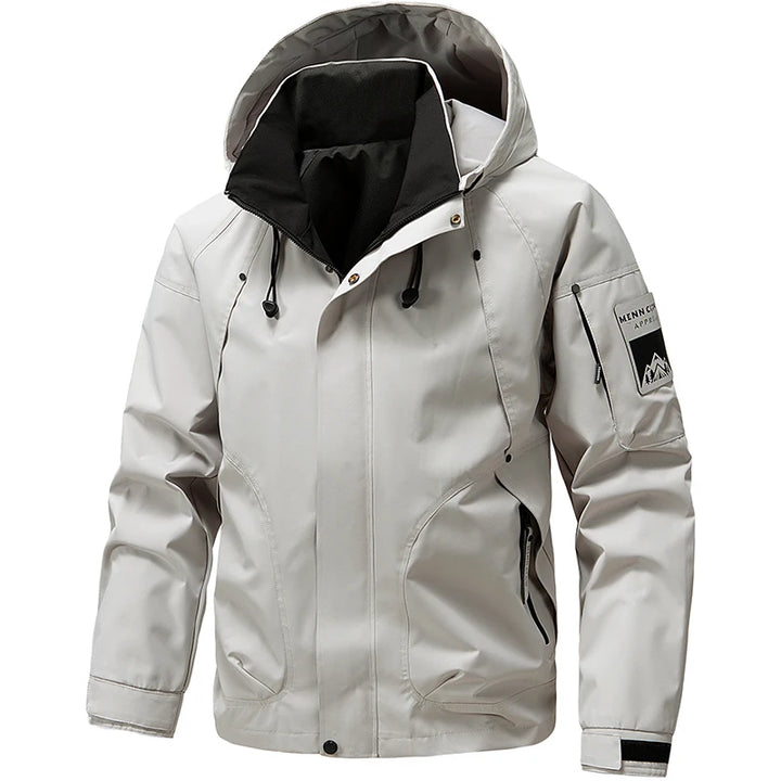 White jacket with gray hood and black interior on a white background