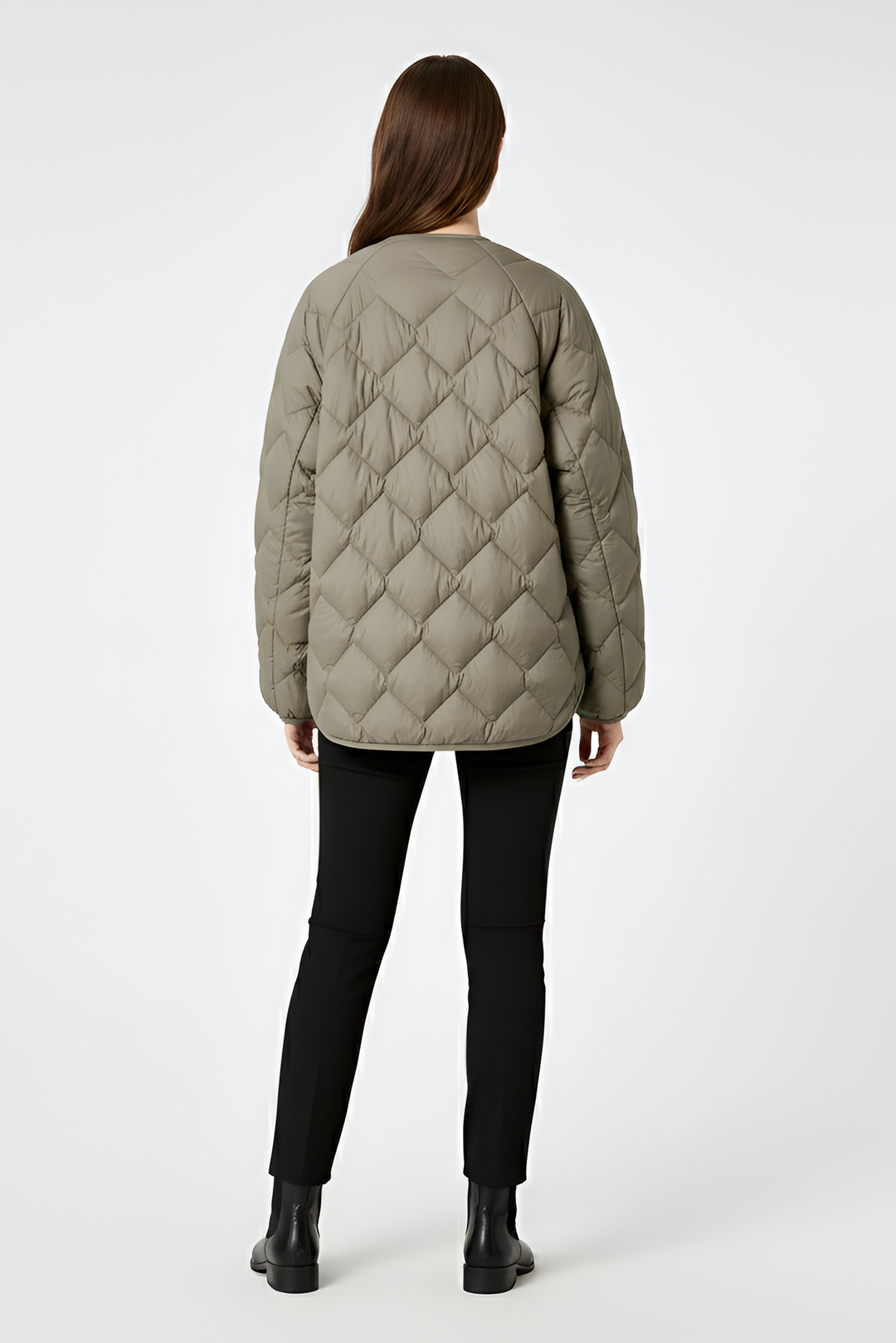 White lightweight quilted coat with clean V-neck opening