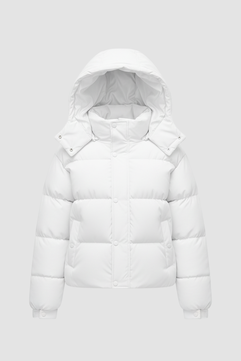 White puffer jacket with hood on a white background