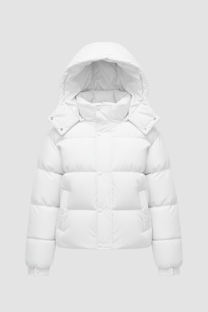 White puffer jacket with hood on a white background