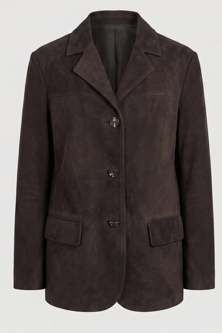 Winslow - Oversized suede blazer, front view, dark coffee
