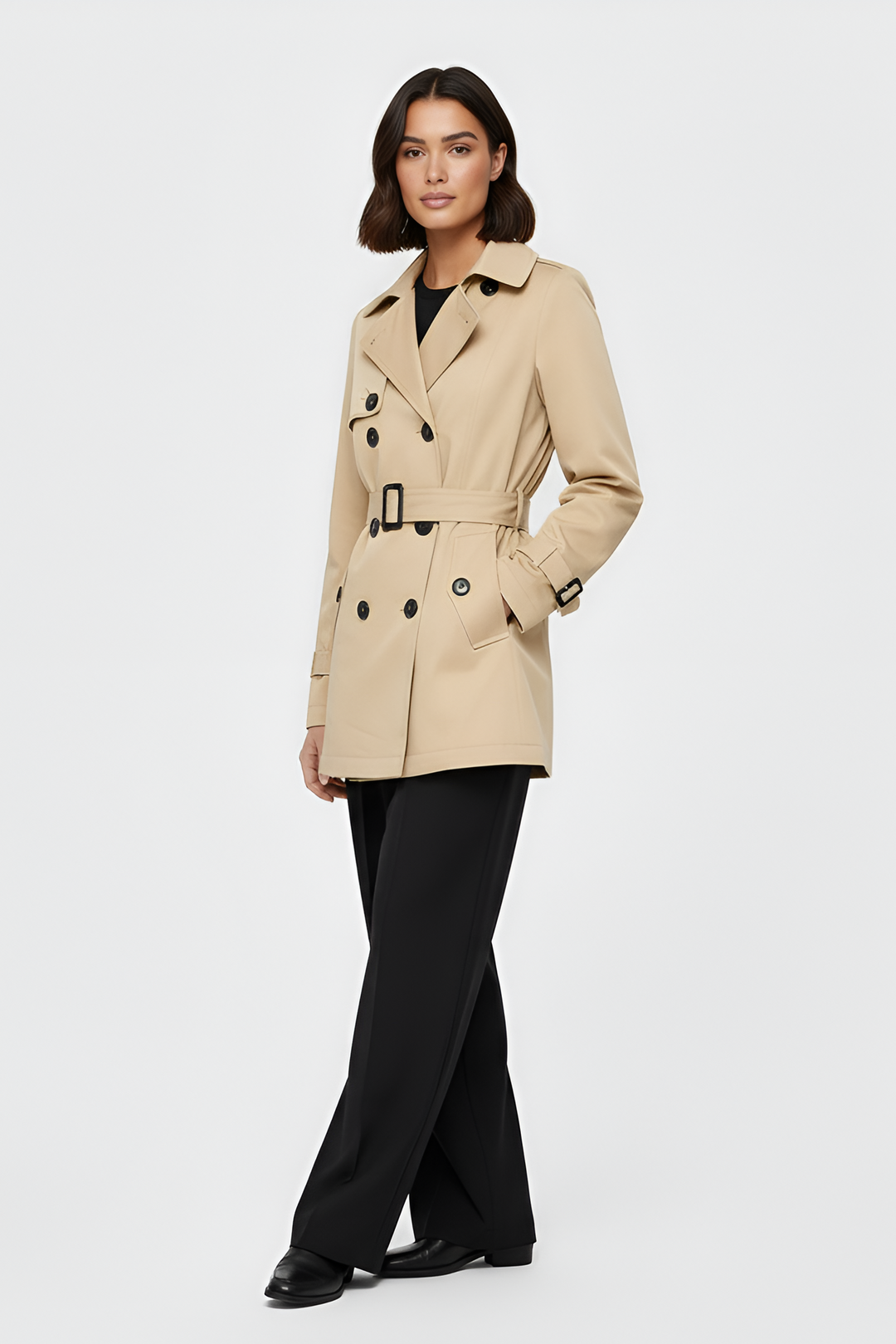 Woman wearing a beige trench coat on a white background