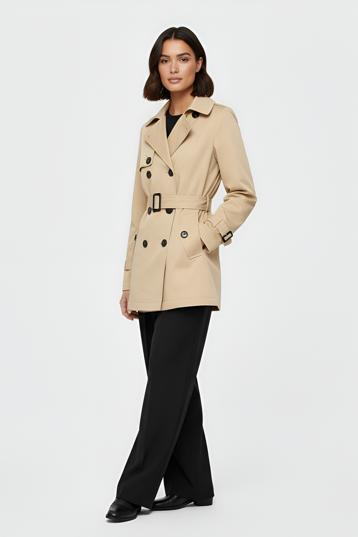 Woman wearing a beige trench coat on a white background
