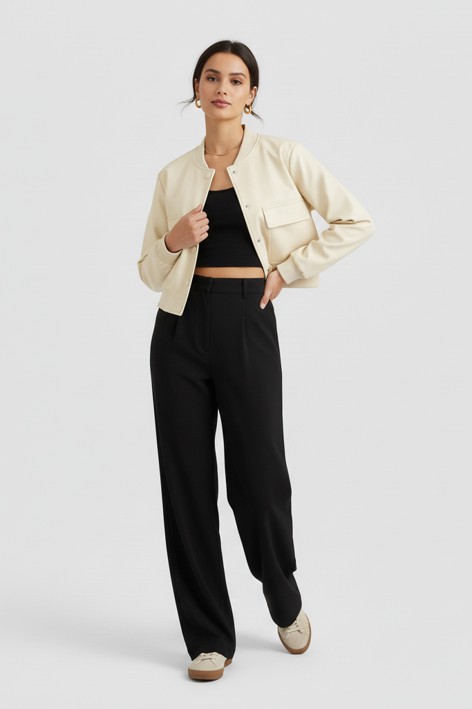 Woman wearing a beige jacket and black pants on a white background