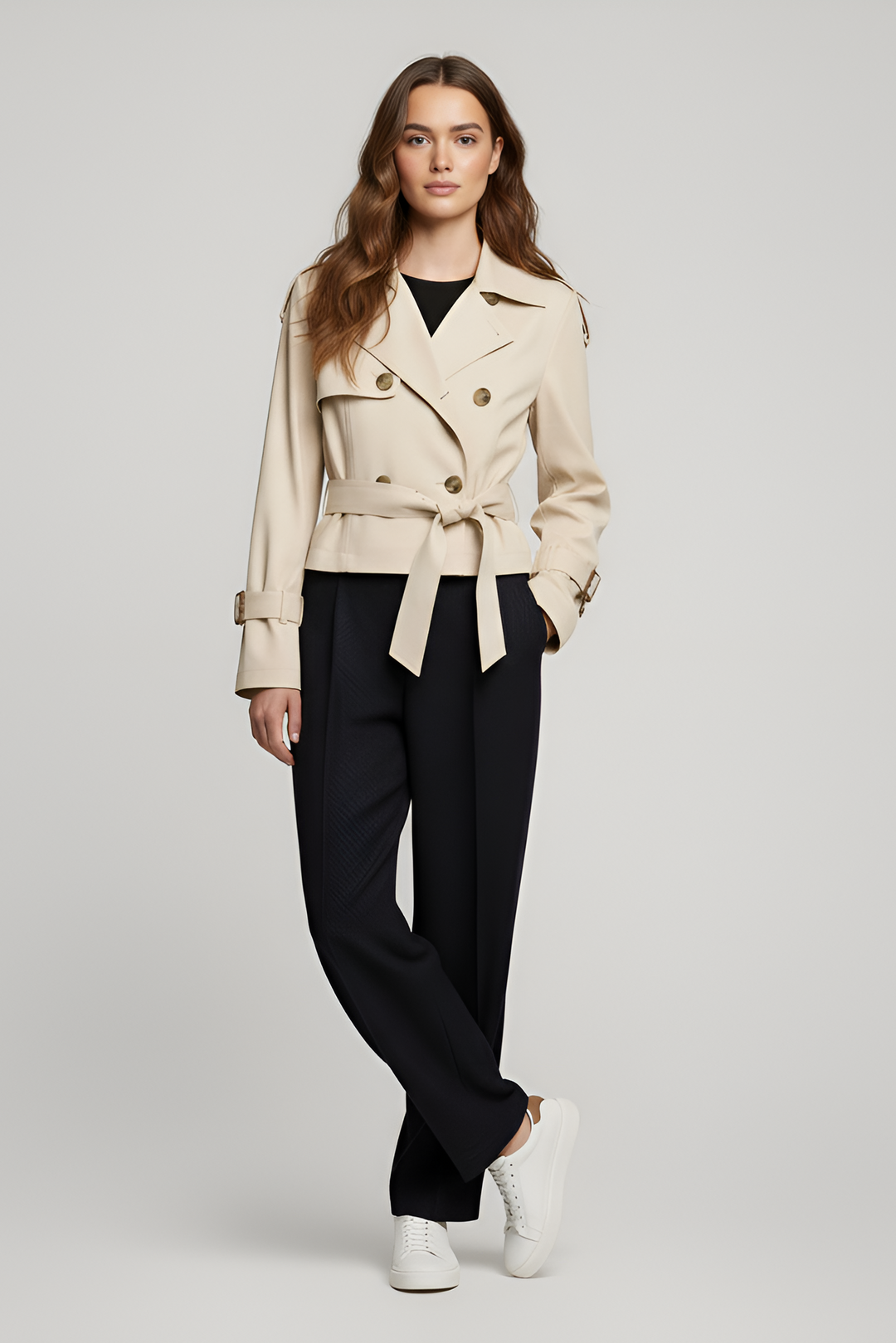Woman wearing a beige trench coat over a black outfit on a light gray background