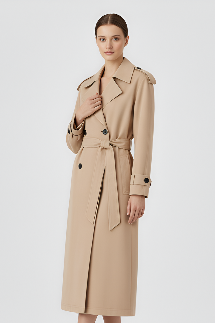 Woman wearing a beige trench coat on a white background