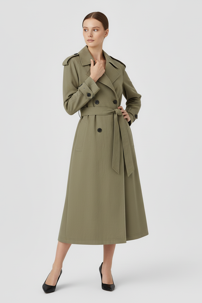 Woman wearing a green trench coat on a white background