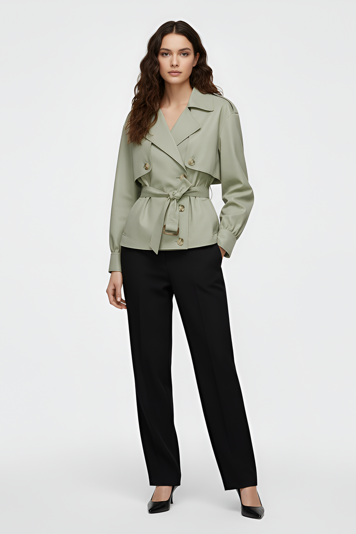 Woman wearing a green jacket and black pants on a white background