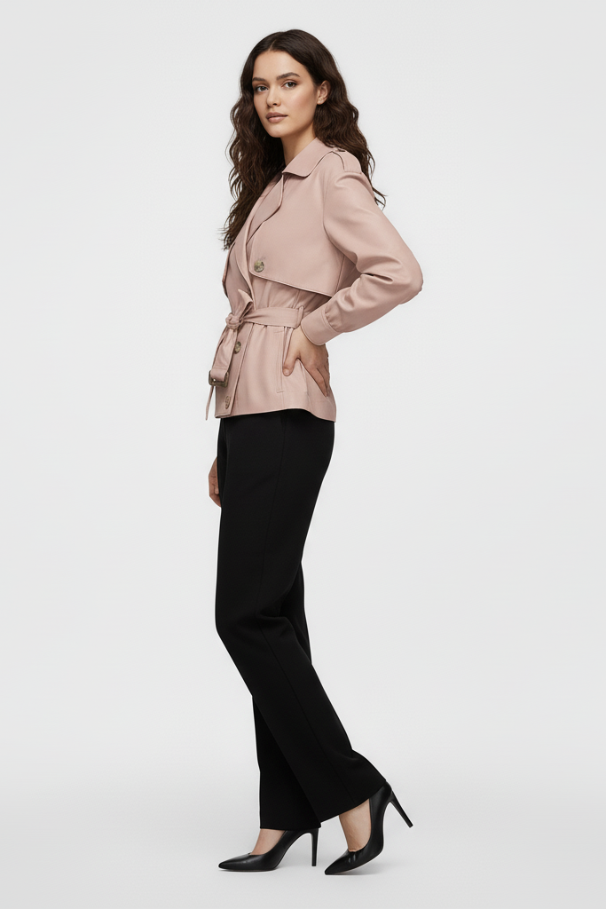 Woman wearing a light pink jacket and black pants on a white background