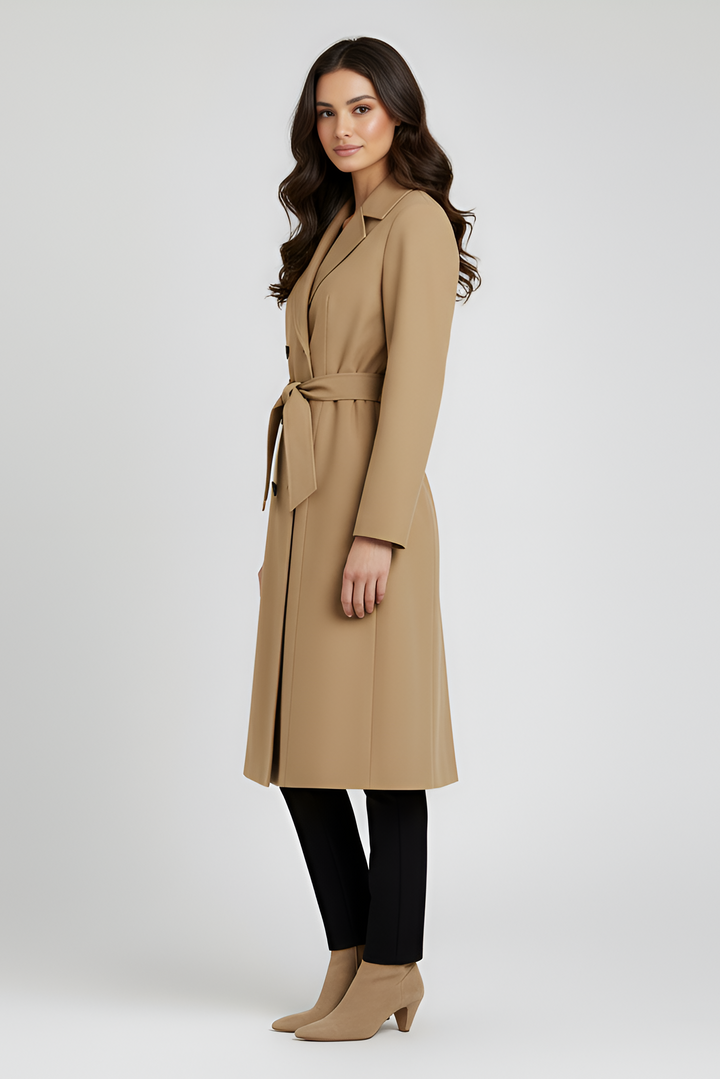 Woman wearing a beige trench coat on a white background