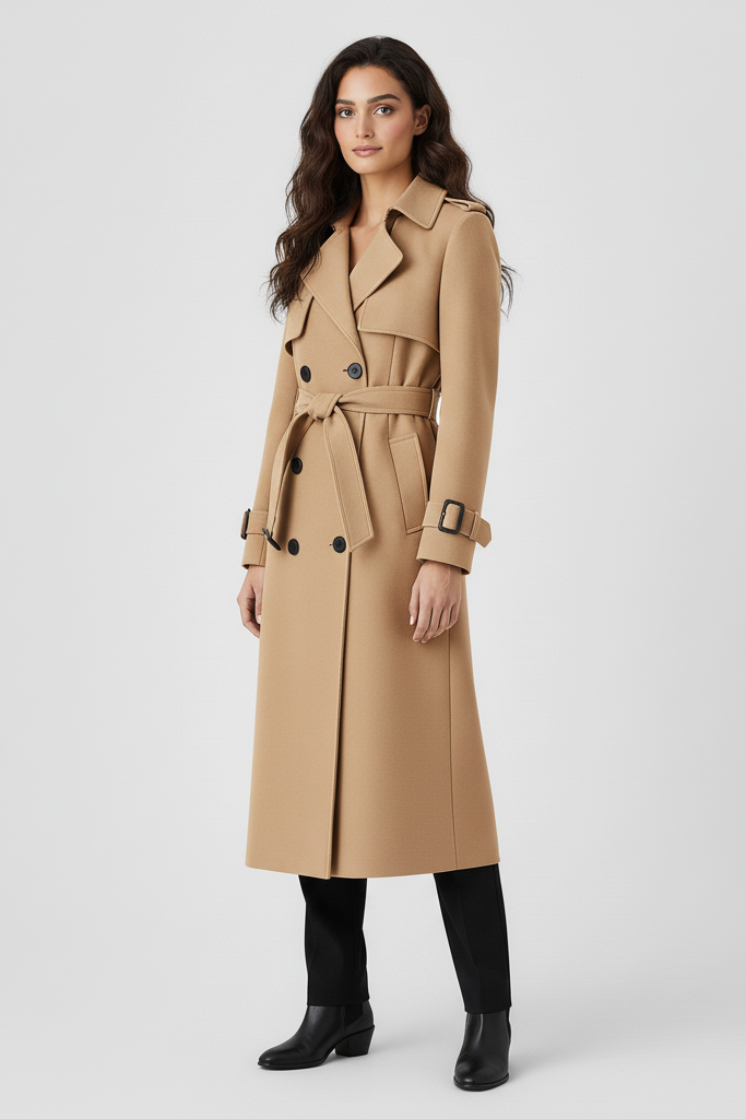 Woman wearing a beige trench coat on a white background