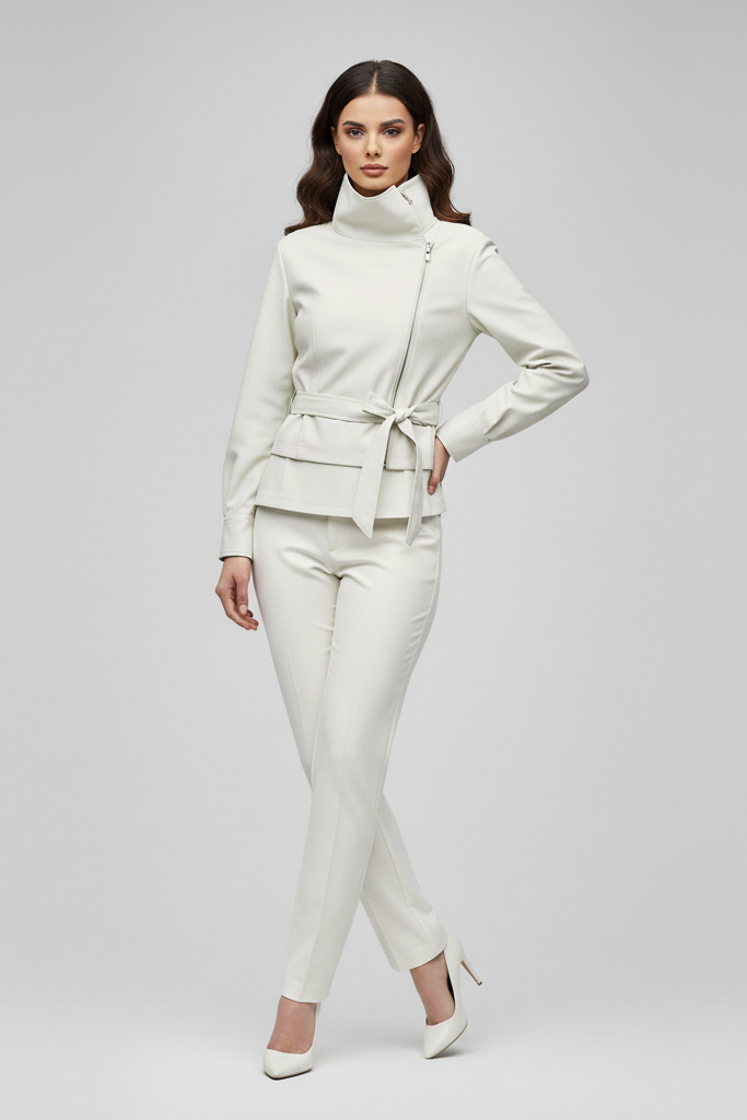 Woman wearing a white outfit on a gray background