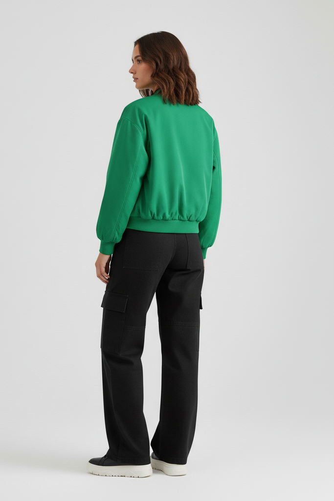 Person wearing a green jacket and black pants on a white background