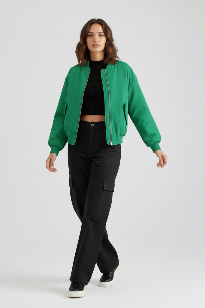 Woman wearing a green jacket and black pants on a white background