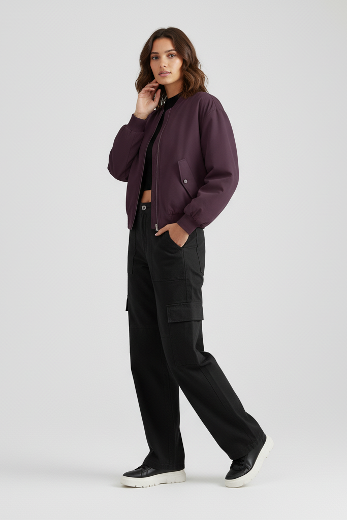 Woman wearing a purple jacket and black pants on a white background