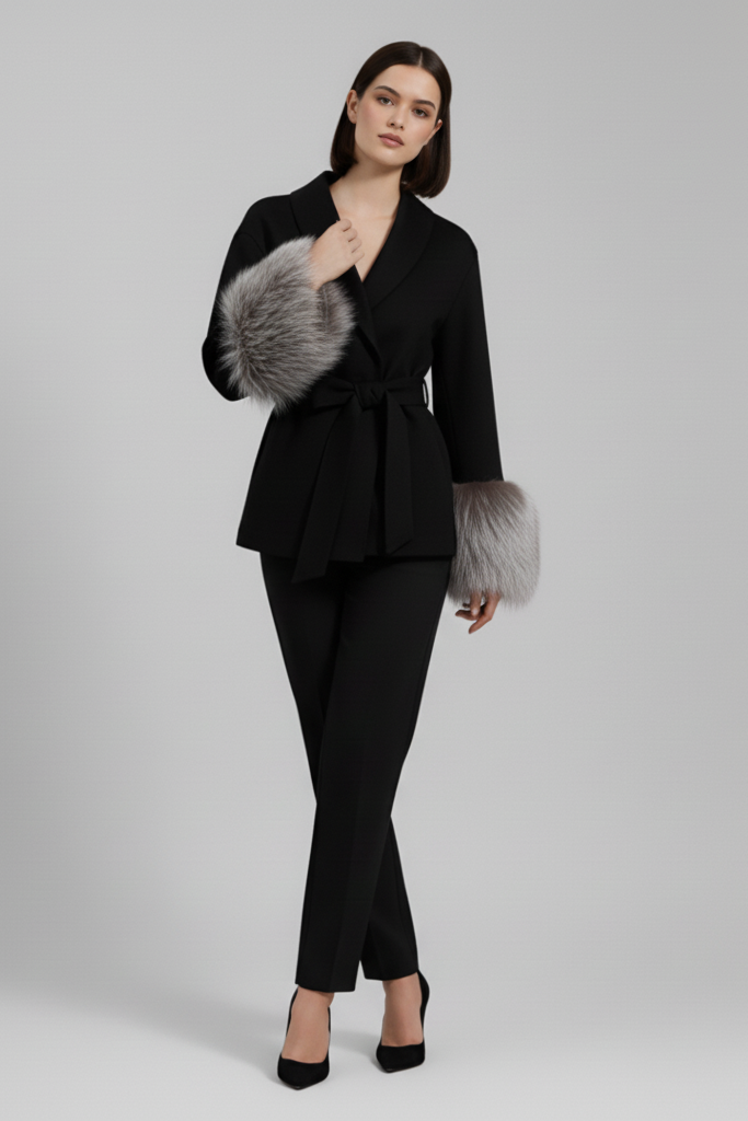 Woman wearing a black outfit with fur accents on a gray background
