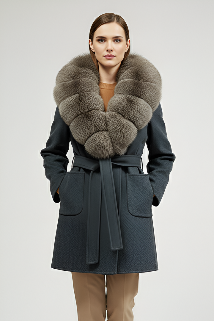 MARVEYA – Fox Fur Wool Coat Dark Essence