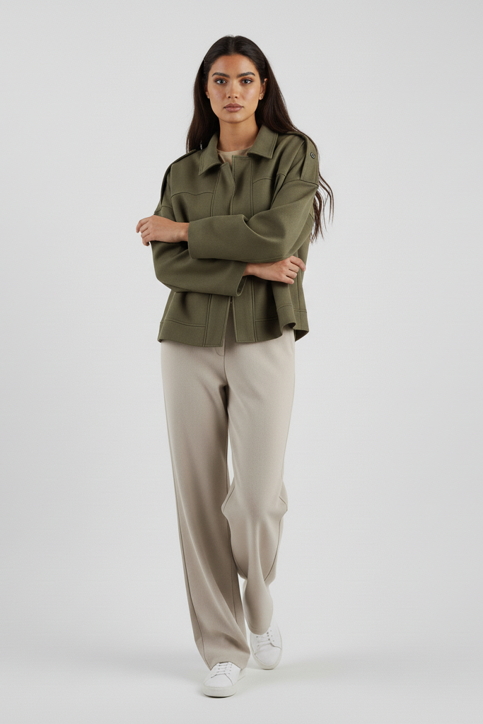 Woman wearing a green jacket and beige pants on a white background